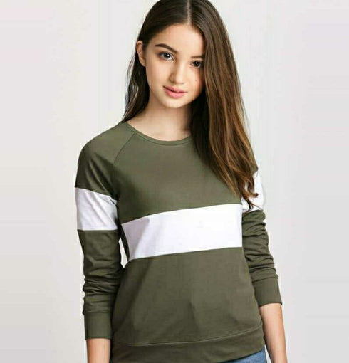 Girl Olive and White Colorblocked Regular sleeves T-Shirt